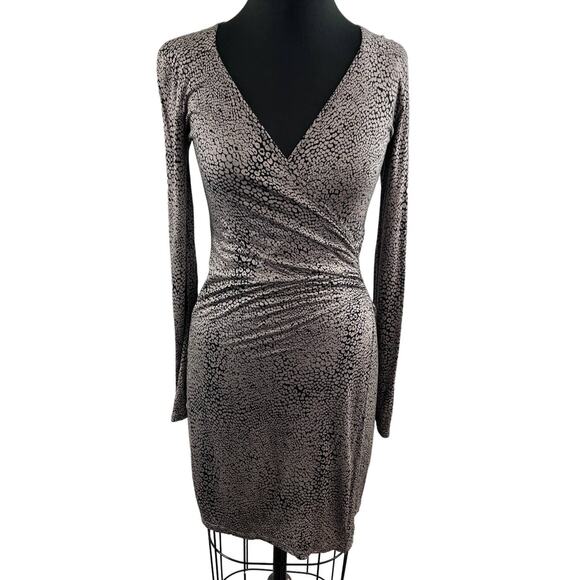 Three Dots Brown Spotted Animal Print Viscose Faux Wrap Dress Bodycon Pullover S - Picture 1 of 7
